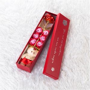 HJLIAN Rose plaquee or 24 carats + ours en peluche, cadeau romantique pour la Saint-Valentin avec boite (rouge) - Neuf