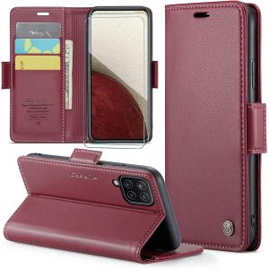 Kal-Coque Pour Samsung Galaxy A12+ 2 Pièces Verre Trempé,Antivol,Prend En Charge Le Chargement Sans Fil, Pochette Fermeture Magnétique Flip Case-Bourgogne - Neuf