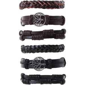 Kal-6 Pièces Punk Bracelets En Cuir Tressé, Bracelet En Cuir Pour Homme, Manchette Wrap Bracelets Réglables, Bracelet Tressé Noir Punk Gothique Rock Manchette, Marron Multicouche Cordon Vintage - Neuf
