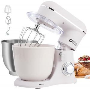 Robot Pâtissier, 4.5L+5L 2Bols Robots De Cuisine, 10 Vitesses Batteur Electrique Cuisine, 1300W Pétrin Professionnel Avec Fouet, Batteur, Crochet (Blanc) - Neuf