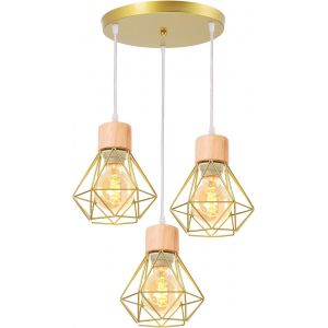 Ulteronixshop-3 Lampes Suspensions Luminaire Industrielles, Plafonnier E27 Vintage Lustre Dor&eacute; Salon Lampe Plafond M&eacute;tal Et Bois Forme Cage &Oslash;160mm &Eacute;clairage De Plafond Interieur - Neuf