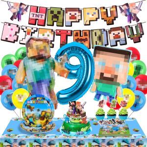 Cauc-Decoration Anniversaire 9 Ans, 65 Pcs Kit De Décoration De Fête D'anniversaire, Bannières D'anniversaire, Ballon En Aluminium, Ballons, Assiettes, Serviette, Nappes, Decoration Gateau - Neuf