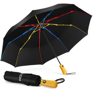 Parapluie Pliant, Parapluie De Poche Avec Fonction D'ouverture-Fermeture Automatique, S&eacute;chage Rapide Avec C&ocirc;tes Arc-En-Ciel, Parapluie De Voyage Compact R&eacute;sistant Au Vent - Neuf