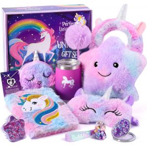LETNERNY-Licorne Cadeau Fille 4 5 6 7 8-10 Ans Peluche Journal Intime Carnet Led Étoile Coussin Masques De Sommeil Porte Clé Licorne Bandeau Maquillage Peigne Miroir Licorne Jouet Anniversaire Fille - Neuf