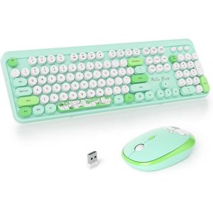 Ensemble Clavier et Souris sans Fil,Clavier de Machine à écrire,2.4GHz Clavier de Machine à écrire à Touches Rondes avec Pavé Numérique,Clavier de 104 Touches(Américain QWERTY)(Bear Pink) - Neuf