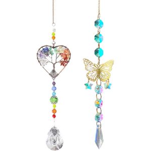 MEVRONISSHOP-2Pcs Attrape-Soleil en Cristal, Arbre de Vie Attrape Soleil Cristal, Papillon Attrape-Soleils en Cristal, Suspendu Suncatcher Pendentif, Cristal Suspendu, pour Fen&ecirc;tre Jardin Maison - Neuf