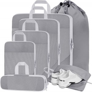 Lot De 7 Cubes De Rangement De Compression Pour Val Avec Maille Extensible Et L&eacute;g&egrave;re Pour Le Rangement De Voyage Ou &Agrave; La Maison, Gris - Neuf