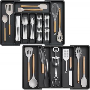 Lot De 2 Range Couverts Pour Tiroirs,Grand Rangement Couvert Extensible Pour Cuisine,Organisateur D'ustensiles De Cuisine En Plastique Pour Cuillères,Fourchettes,Couteaux,Noir - Neuf