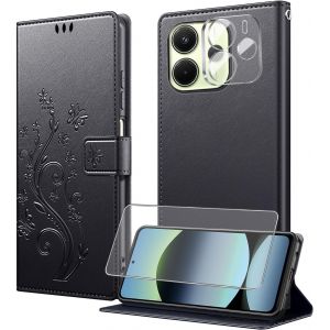 KALANKA-Coque pour Xiaomi Redmi Note 14 4G (EU Version) avec 1 Verre Tremp?,1 Protection Camera,?tuis Rabat [Housse en Cuir PU][Fentes pour Cartes][Pochette de Portefeuille][Stand Feature]- Noir - Neuf