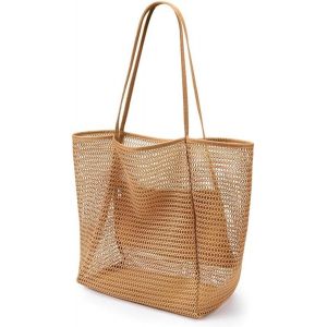 Grand sac de plage pour femme-Avec fermeture &eacute;clair-Poche int&eacute;rieure-Grand sac pliable en maille-Piscine-Voyage-Plage-Famille-Sac de shopping - Neuf