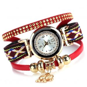 Duoya Femmes &Eacute;l&eacute;phant Pendentif D&eacute;coration Rond Cadran Bijoux Bracelet Montre-Bracelet Montre (Rouge) - Neuf