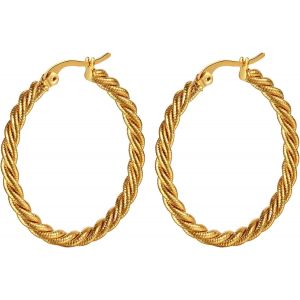 Kal-Boucles D'oreilles Femme Créole: Boucle D'oreille Acier Inoxydable Epaisses Dorés Fantaisie Et Élégantes Anneaux D'épi De Torsion Et De Blé - Cadeau Femme Anniversaire St Valentin - Neuf
