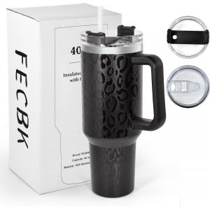 Gjfty-Mug Isotherme Avec Paille Et Poignée 1.2l, Tasse Isotherme 100% Anti-Fuite, 34 Heures Froid, 12 Heures Chaud, Gobelet En Acier Inoxydable, Léopard Tout Noir - Neuf