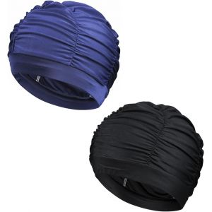 2pcs Bonnet De Natation - Chapeau De Natation Femme En Tissu Cheveux Long Bonnet De Bain Extensible Confortable Durable - Noir + Bleu - Neuf