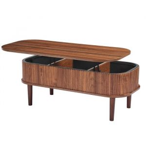 Table Basse Relevable-Duoku-1000 x 480 x 405 mm-Table de Salon Ovale avec Design Cannel&eacute; et 3 Espaces-Finition Noyer - Neuf