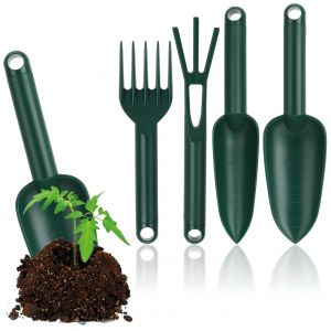KALANKA-COM-FOUR&reg; Ensemble d'outils de Jardin 4 pi&egrave;ces en Plastique Robuste - truelle Large, truelle &eacute;troite, r&acirc;teau &agrave; Main et cultivateur pour Plantes et Jardinage (Ensemble 1-4 pi&egrave;ces) - Neuf