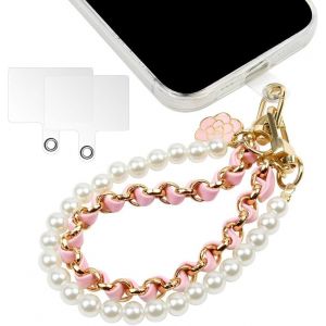 Dragonne De Téléphone, Perle Chaîne Téléphone Portable Charme De Téléphone, Anti-Perte Longe De Téléphone Avec Chaîne En Cuir Métallique Et Fleur, Bracelet Telephone Avec 2 Patchs Arrière - Neuf
