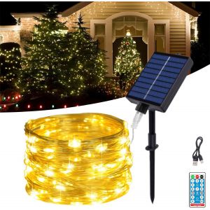 Kal-Guirlande Lumineuse Solaire D'extérieur - 10 M - 100 Led - Fil De Cuivre - Étanche Ip65 - Avec 8 Modes Et Télécommande - Pour Balcon, Cour - Blanc Chaud - Neuf