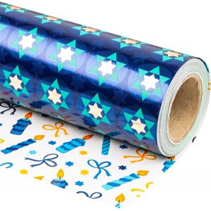 Papier D'emballage Réversible De Hanoukka - Mini Rouleau - 43,2 Cm X 10 M - Conception D'étoile De David Et De Bougies Pour La Célébration De Hanoukka - Neuf