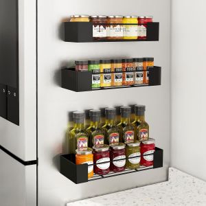 MEVRONISSHOP-Etag&egrave;re Magn&eacute;tique Frigo, 3 Pcs Rangement Epices Cuisine, Porte Epices Cuisine, Etagere Murale sans Percage Etag&egrave;re R&eacute;frig&eacute;rateur, Noir - Neuf