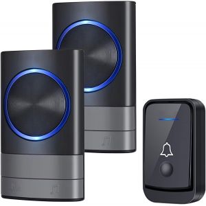 Sonnette sans Fil, IP44 Exterieur Etanche Carillon 400 M&egrave;tres, 52 M&eacute;lodies et 4 Niveaux Volume, Kit de Carillon avec R&eacute;cepteurs Enfichables, Voyant LED Bleu, pour Maison, au Bureau (Noir2+1) - Neuf