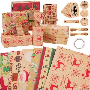 Papier Cadeau Noël 70x50cm Papier Cadeaux 6 Feuilles Papier Cadeau Kraft Noel Imprimé Avec Divers Éléments De Noël Livré Avec Étiquettes Bonus Et Ficelle - Neuf