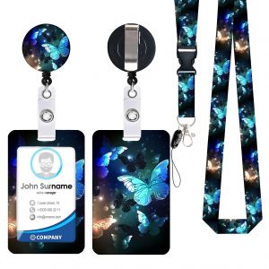 Porte-badge coulissant à motif papillon, étui en plastique avec mousqueton à défilement pour badge rétractable et cordon amovible avec porte-carte rigide vertical - Neuf
