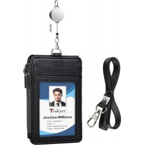 Kalanka-Porte Badge Tour De Cou - Avec Cordon Rétractable, Cuir Pu, 4 Emplacements Pour Cartes, Porte Carte Avec Poche À Glissière, Design Vertical, Noir - Neuf