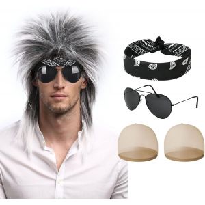 Trahoo-Perruque Ryan 86060, Deguisement Annees 80 70 Deguisement Disco Femme Homme Avec Perruque Bandeau Lunettes De Soleil, Noir Et Blanc Mélangés,Carnaval, Taille Unique Eu - Neuf