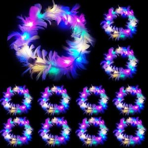 Couronne De Fleurs Led, 10 Pcs Couronne De Plumes Bandeau, Led Plumes Guirlande Cheveux, Pour Les Femmes Filles F&ecirc;te De Mariage D'anniversaire Carnaval No&euml;l Halloween Accessoires (Blanc Chaud) - Neuf