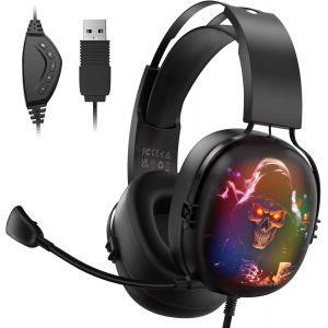 LKLJIJ-Casque Gaming PS5, Écouteurs Gaming avec Fil, Casque PS5 pour PC, Portable, USB avec Fil de Microphone, Casque pour Jeux avec Lumière RGB pour Console PS4/PS5 - Neuf