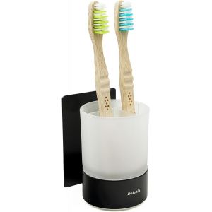 Porte-Brosse à Dents sans perçage|Gobelet à Dents Verre dépoli à Coller|Support Brosse Dents INOX|Gobelet Dents Suspendu|Organiseur brosses à Dents Salle de Bain|Noir Mat - Neuf