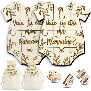 KALANKA-2 Puzzles Demande Parrain et Marraine Puzzle en Bois avec Sac Cadeau Surprise pour Baptême Annonce Naissance (Puzzle vêtement) - Neuf