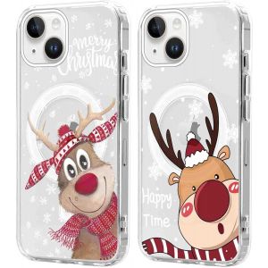 SJZG-2 Pi&egrave;ces No&euml;l Coque Magn&eacute;tique Pour Iphone 14/Iphone 13 6,1'', Etui En Motif Dessin Cadeau De No&euml;l Compatible Avec Magsafe, Antichoc Housse Christmas Silicone Cover Pour Iphone 13, Cerf 03 - Neuf