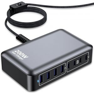 JGD-Chargeur USB-C 200 W, hub de Charge Rapide GaN &agrave; 8 Ports, Adaptateur PD 65 W pour Ordinateur Portable, Compatible avec MacBook Pro/Air, Dell, Steam Deck, iPhone 16/15/14, Galaxy S24 / S23 / S22 - Neuf