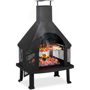 Mevronisshop-Noir Chemin&eacute;e De Terrasse Avec Grill, Protection Contre &Eacute;tincelle, Tisonnier, Massif, Acier, 110 X 63 X 51 Cm - Neuf