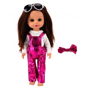 Poupee bebe fille de 35 cm, tenue articulee, paillettes blanches, salopette lavande avec lunettes de soleil - Neuf