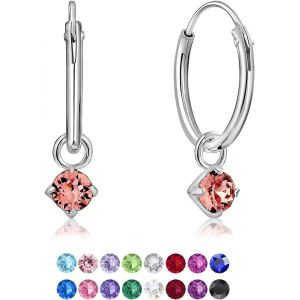Kal-&reg; Boucles D'oreilles Petites Cr&eacute;oles En Argent Fin 925 Avec Petit Pendentif 3 Mm Cristaux De Swarovski&reg; Elements Ronds - &Eacute;paisseur 1.5 Mm - Diam&egrave;tre: 14 Mm - Choix De Diff&eacute;rentes Couleurs - Neuf
