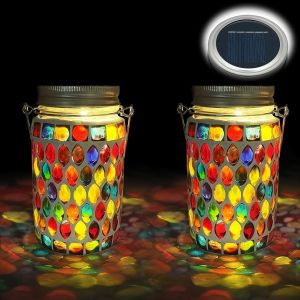 Lot De 2 Lampes Solaires Mosaïques Pour L'extérieur, En Verre On/Off - Mosaïque - Lampe De Table À Suspendre - Étanche Ip65 - Pour Pelouse, Chemin, Cour, Terrasse, Sol, Étang, Mosaïque Rouge - Neuf