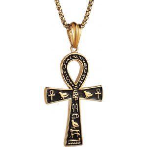 Kal-Grand Pendentif Croix Ankh En Acier Inoxydable Symbole Hi&eacute;roglyphique &Eacute;gyptien Antique 55 + 5,1 Cm Cha&icirc;ne - Neuf