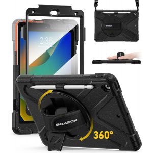 pour Coque iPad 9&egrave;me/8&egrave;me/7&egrave;me G&eacute;n&eacute;ration 10,2 Pouces 2021/2020/2019, &Eacute;tui de Robuste avec Film Protection, Porte-Stylet, Support Rotatif &agrave; 360&deg; et Dragonne, Bandouli&egrave;re, Lumi&egrave;re &eacute;toil&eacute;e Noire - Neuf