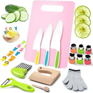 KALANKA-Kit Cuisine Enfant - 25 Pi&egrave;ces, Couteau Enfant, Ustensiles Cuisine pour Enfants, Couteaux Montessori, Gants de Protection, Planche &agrave; D&eacute;couper, Id&eacute;al pour Petits Chefs - Neuf