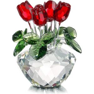 Cristal Rouge Rose Fleur Figurines En Verre Presse-Papiers De Collection Avec Boîte-Cadeau - Neuf