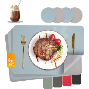 Eryi-Lot De 4 Sets De Table Lavables, Faciles À Nettoyer, En Cuir, Résistants À La Chaleur, Double Face, Aspect Cuir, Avec Dessous De Verre, Sous-Verres (Bleu Clair + Gris) - Neuf
