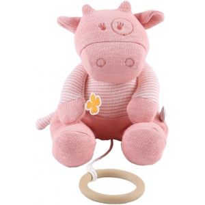 KALANKA-NOUKIE'S - Mini Peluche Musicale Lola - Doudou Vache en Coton Bio + Anneau en Bois - Éveil Musical - Cadeau Bébé - Neuf