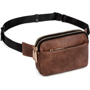 CAUC-Sac Banane Femme Homme Fanny Pack Ceinture Imperm&eacute;able Synth&eacute;tique Mode L&eacute;ger Sac de Taille avec 3 Poches zipp&eacute;es PU Bracelet Marron fonc&eacute; - Neuf
