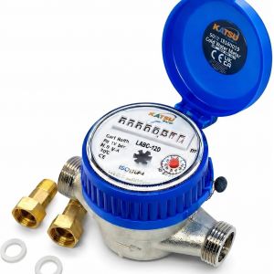 NouvelHorizonstore-KATSU Compteur d'Eau Froide 13 mm Plastique ABS Jardin Maison D&eacute;bit d'Eau Compteur de Mesure avec Raccords en Laiton, Compteur &agrave; Sec - Neuf