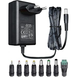 Adaptateur d'alimentation 12 V 2 A 1,8 m, Adaptateur de Commutation CA CC (entrée 100-240 V, Sortie 12 V 2 A), Prise de transformateur à Montage Mural avec 8 Prises interchangeables, homologué CE - Neuf
