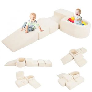 5PCS Blocs de Construction en Mousse COSTWAY avec Piscine &agrave; Balles, Housse en Velours C&ocirc;tel&eacute; Lavable pour Enfants 3 Ans+ Beige - Neuf