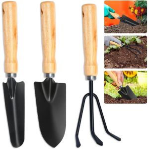 KALANKA-Kit d'outils de Jardin, 3 pi&egrave;ces Outils de Jardinage Petite Pelle de Jardin, R&acirc;teaux et Spade Noir Ensemble Outils Jardinage Garden Tool Set pour Bonsa&iuml;, Fleurs en Pot - Neuf